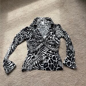 Cache Black and White Zebra Print Twist Front Top